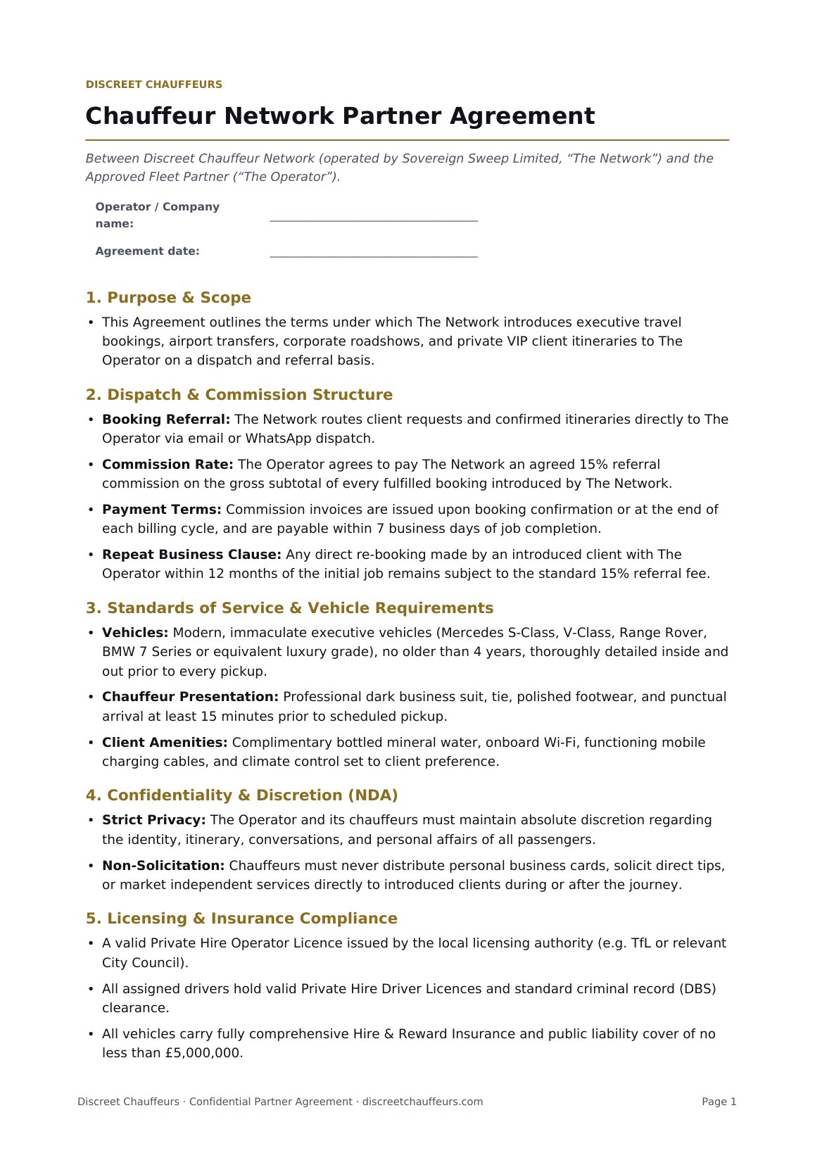 Chauffeur Network Partner Agreement, page 1 of 2